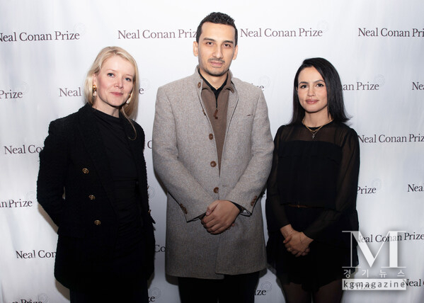 2025 Neal Conan Prize winner, Mohammed Mhawish (center), with 2024 winner, Hind Hassan (right), and inaugural winner, Jane Ferguson (left).