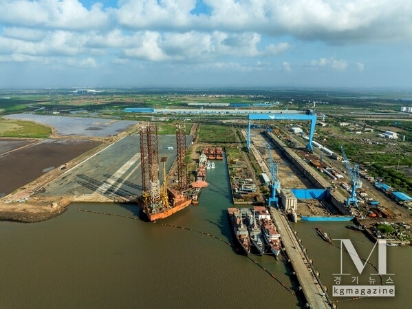 An aerial view of Swan Defence and Heavy Industries shipyard in Gujarat, India.